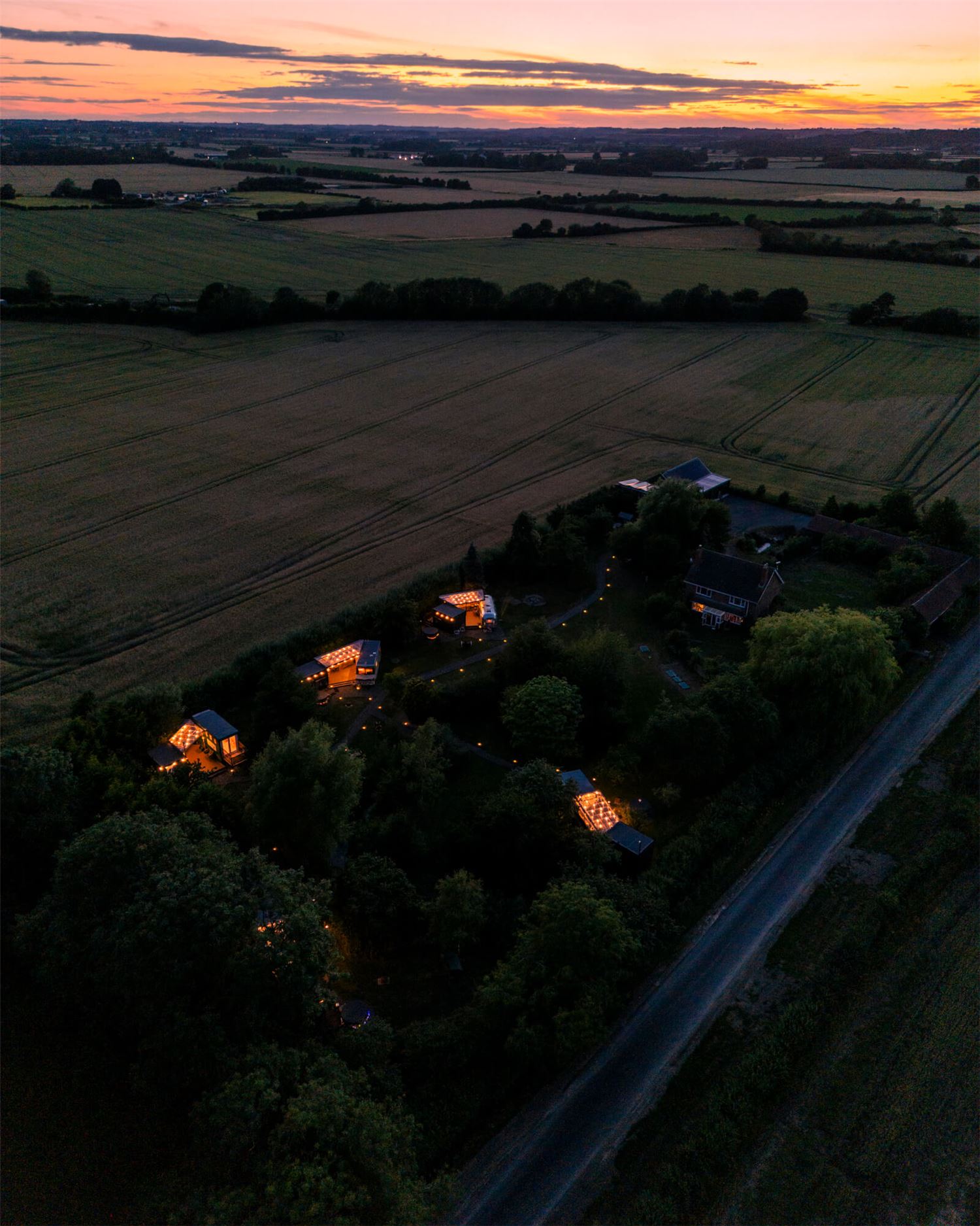 Overhead shot of the Layby Lincs showing the vehicles on the site, surrounded by trees and fields.