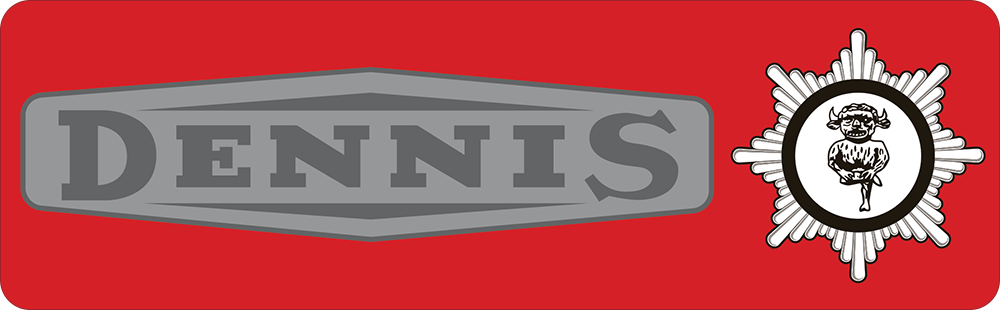 Red logo with the word Dennis in silver and a crest with an imp inside it.