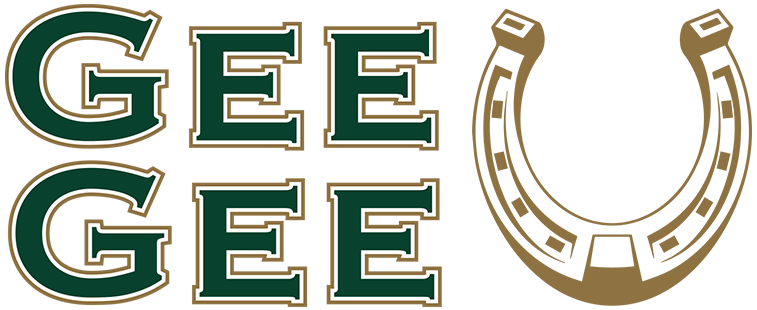 Logo with the word Gee Gee in green and gold horseshoe.